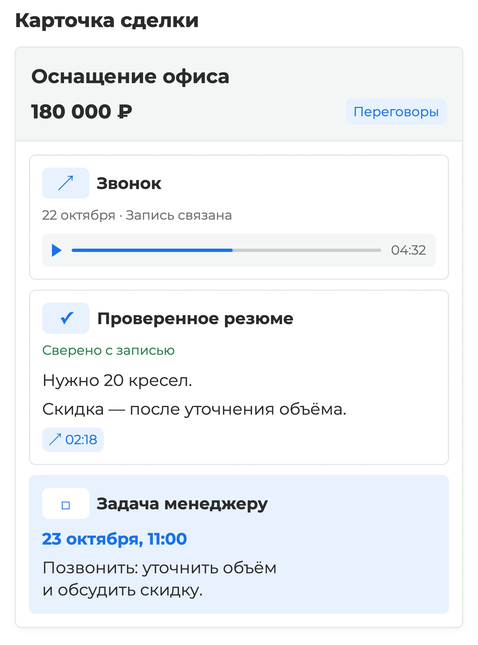 Карточка сделки в amoCRM со связанным звонком, заметкой с проверенным резюме разговора и задачей менеджеру на следующий контакт