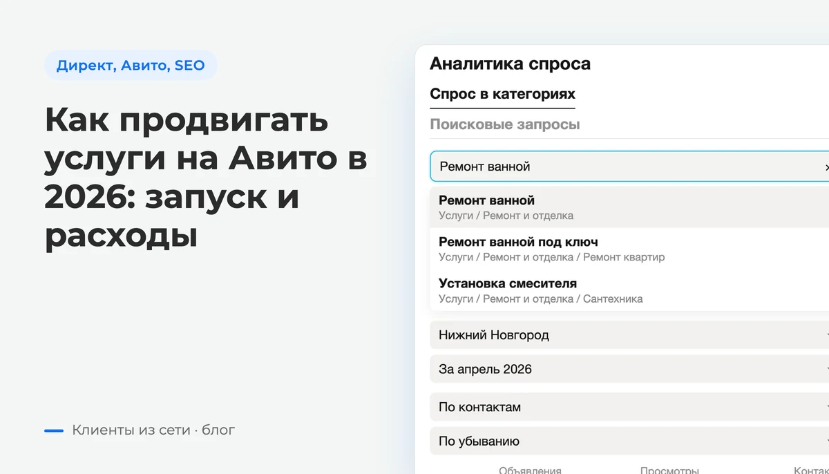 Аналитика спроса: выбранная категория услуг, регион, период и доступные показатели спроса и предложения — экран Авито