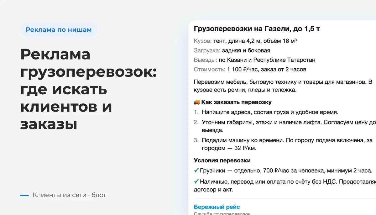 Объявление на Авито об услуге грузоперевозки с параметрами машины, фотографиями, описанием подачи и способом связи